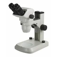 Binocular stereo microscope with a 0.67X to 4.5X zoom range and 10X eyepieces, providing a 22 mm optical field of view and a 100 mm working distance. Equipped with E-LED illumination. Suitable for inspection, assembly, and quality control tasks requiring detailed observation of small components.