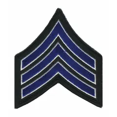 Embroidered rank insignia patch identifying the Sergeant (SGT) grade. Measures 3 1/2 inches, black, constructed from a polyester/rayon blend. Suitable for attachment to uniforms, hats, or tactical gear in military, law enforcement, or uniformed service contexts.