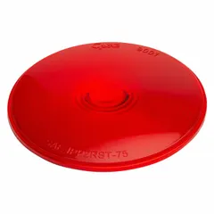 Red acrylic round replacement lens for stop, turn, and tail lights. Measures 7/16 in width. Used on vehicles to cover and protect the bulb while maintaining proper light output.