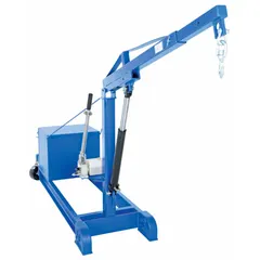 Steel-framed engine crane with a 1 ton load capacity and 3 boom positions. Finished in blue. Used for lifting and positioning engines and heavy components in automotive repair and industrial maintenance.