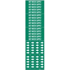 Green adhesive pipe marker with white 'Hot Water Supply' legend. Fits pipe O.D. 3/4 in and smaller. Pack of 3 markers without arrows. Used to identify hot water supply lines in piping systems.