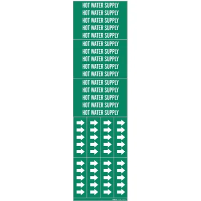 BRADY Pipe Marker: Hot Water Supply, Green, White, Fits 3/4 in and Smaller Pipe O.D. - Hot Water Supply Adhesive Pipe Markers