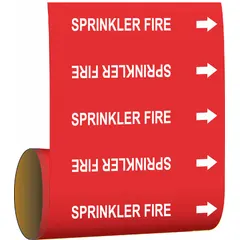 Red adhesive pipe markers with white legend reading 'Sprinkler Fire' and flow-direction arrows. Each roll contains 30 markers for pipe O.D. up to 2 in. Used to identify fire suppression piping in commercial and industrial facilities.