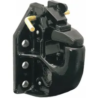 This pintle hook is constructed from iron with a powder-coated finish. It has a gross trailer weight capacity of 90,000 lb. Used for heavy-duty towing applications requiring a secure coupling, such as for industrial trailers, construction equipment, and agricultural implements