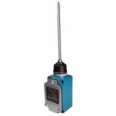 Metal-housed limit switch with a 5.5-inch coil-spring wobble-stick actuator. Features four mounting holes and screw terminals. Suitable for position sensing in industrial machinery and automated equipment where multi-directional actuation is required.