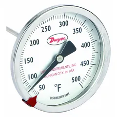 Clip-on dial thermometer for vats, pans, and process vessels. Provides continuous Fahrenheit readings from 50°F to 500°F with ±2% accuracy. Features a 5-inch stem and attaches to container walls for temperature monitoring in cooking, holding, and light industrial applications.