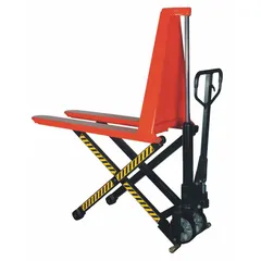 Manual high-lift pallet jack with steel narrow forks. Features a D-shaped handle and hand pump lift control. Forks measure 46 inches in length by 21 inches in width. Used for lifting and moving palletized loads in warehouses, distribution centers, and manufacturing facilities.