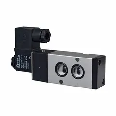 NAMUR-type single solenoid valve with DIN connector, 12V DC coil, 4 ports, and 1/4 in NPT inlet/outlet. Used for pneumatic actuator control in industrial automation and process valve actuation.