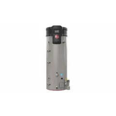 General-purpose condensing power-vent water heater with 70 gal nominal capacity, 100,000 BTU input, and recovery rates of 145 gph at 80°F rise (max 291 gph at 40°F). Includes California Low NOx compliant burner, T&P relief valve, side water connections, 2 in vent, and 110V operation. Meets Canada CSA standards.