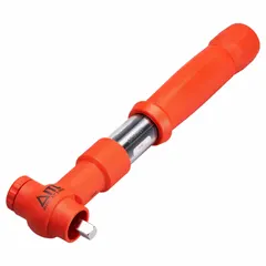 This insulated ratcheting micrometer torque wrench features a 3/8-inch drive and a torque range of 4 to 20 ft-lb (5 to 25 N-m). It is designed for precise tightening of fasteners in electrical and industrial applications where protection against electric shock is required. The tool provides audible and tactile feedback when the set torque is reached.