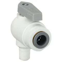 One-piece polypropylene angle-body ball valve with lever handle. Features Push x MNPT connections for compact installation. Used for on/off or flow control in corrosive-fluid handling, water treatment, and chemical processing systems.