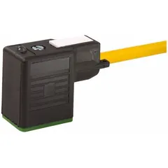 Single-ended cordset with female right-angle connector and bare wire termination. 3-pin design with 18 AWG wire, 5-meter PVC cable in yellow jacket. Rated IP67 for dust and water ingress protection. Suitable for connecting solenoid valves and sensors in industrial automation and fluid power systems.