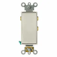 This illuminated rocker wall switch is a single pole/double throw maintained type, rated for 120/277V AC. It is designed for wall-mount installation and comes in a light almond finish. Typical applications include controlling lighting or other loads from two locations, keeping the circuit in the selected position until manually changed.