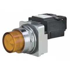Amber LED pilot light from the Siemens Class 52 series. Panel-mounting size of 30 mm. Rated for 120 V AC maximum supply voltage. Does not include push-to-test feature. Used as a status indicator in industrial control panels, machinery, and automation systems.