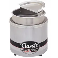 Induction rethermalizer for commercial foodservice warming. Holds 7 qt, operates at 1000W and 120V AC. Silver finish, 10 in height, 10 1/2 in width. Suitable for keeping soups, sauces, or side dishes at serving temperature on countertops