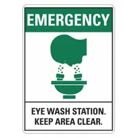 This plastic sign marks emergency eye wash station locations. It has a nominal size of 14 in x 10 in and features mounting holes for installation. The sign is not retroreflective, does not glow in the dark, and has no anti-slip surface. Suitable for use in facilities to indicate safety equipment