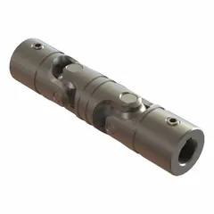 Stainless steel double universal joint for keyed shafts. Bore diameter 3/8 in, overall length 3 13/16 in. Accommodates angular misalignment in power transmission systems.