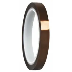 Polyimide film tape with silicone adhesive, 2.7 mil thick, 36 yards length. Gold color. Used for high-temperature electrical insulation, coil winding, capacitor wrapping, and PCB masking during wave soldering.