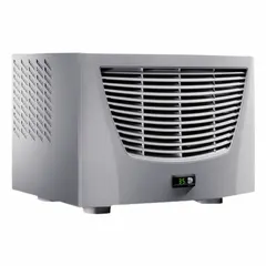This RITTAL air conditioner is a roof-mount, cooling-only unit designed for indoor dust-tight environments. It operates on 115 V and is used to cool electrical enclosures, removing heat to protect sensitive components in industrial settings.