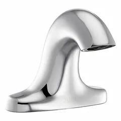 Centerset sensor faucet with brass body and polished chrome finish. Operates on battery or hydropower. Includes gear-driven ceramic cartridge. Suitable for commercial and institutional restrooms requiring touch-free operation.