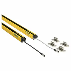 Safety light curtain for finger detection with 52 beams at 10 mm spacing, providing a 1,070 mm protected height. Operates on 24V DC with 870 nm IR LED. Both receiver and transmitter have M12 electrical connections. Safety output rated at 300 mA @ 24V DC. Used to create an infrared barrier for detecting fingers or small objects in hazardous machine areas.