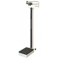 Mechanical physician scale with a weighing surface width of 10 3/4 inches. Provides readability of 4 oz and displays weight in kilograms. Includes rear wheels for mobility. Suitable for weighing patients in clinical environments