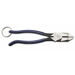 Standard ironworker's pliers with flat jaws for heavy-duty gripping, bending, and cutting. Overall length 9 3/8 in, jaw length 1 7/8 in, jaw width 1 1/4 in, jaw thickness 5/8 in. Includes integrated wire cutter for cutting wire, rebar, and strap material.