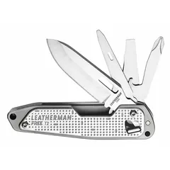 This multi-tool folding knife features a stainless steel blade and body with a silver finish. It measures 3 5/8 inches closed and 5 3/4 inches open. The fold-out design integrates eight tools suitable for cutting, prying, and screwing tasks in everyday carry, camping, and light repair work.