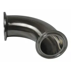 This 90° elbow is a 316L stainless steel sanitary tube fitting with 1/2 in OD clamp connections. It is certified to 88 Pharmaceutical Class VI standards for biocompatibility. Used in piping systems requiring a change in flow direction, the clamp design allows for quick assembly and disassembly for cleaning.