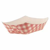 Rectangular paper food tray in red with plaid pattern. Measures 6 1/2 inches wide by 1 3/4 inches high. Microwave safe. Pack of 1,000. Suitable for serving and holding food in cafeterias, events, and food-service operations