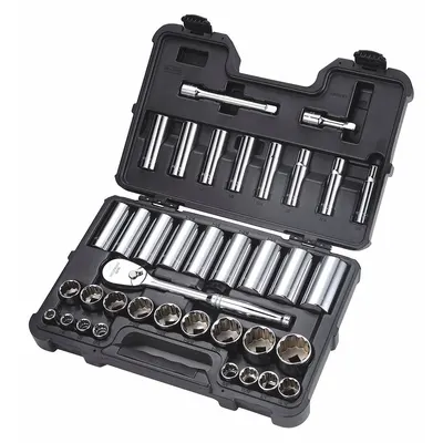 WESTWARD Socket Wrench Set: 1/2 in Drive, 37 Piece, 12-Point, SAE - SAE Socket Sets with Drive Tools
