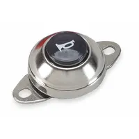Silver plastic horn button switch with mounting hardware. Measures 2 3/4 in Lg, 1 5/8 in Wd, 3/4 in Ht. Used for manual horn activation in vehicles or industrial equipment, typically mounted on steering columns, dashboards, or control panels