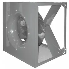 Unassembled belt-drive plenum fan with a 13 1/2 in backward-curved wheel. Delivers 1,479 cfm at 0.250 in static pressure. Powered by a 1/4 hp, 115/208-230V AC, single-phase open dripproof motor. Suitable for moderate-pressure HVAC air movement in ducted systems.