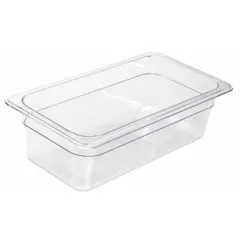 Rectangular steam table pan, third size, with overall length of 12 3/4 in. NSF Certified for food contact safety. Dishwasher safe for convenient cleaning. Suitable for holding, serving, and reheating food in commercial foodservice operations.