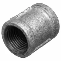 This medium-pressure threaded pipe fitting is a straight connector made of malleable iron. It has a 1 in x 1 in size and a maximum operating pressure of 150 psi. Used to join two pipes in a straight line in plumbing, pneumatic, or hydraulic systems
