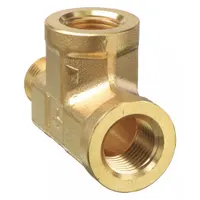 Threaded high-pressure pipe tee with 1/8 in x 1/8 in x 1/8 in connections, rated for 2900 psi. Made from bright C37700 brass, length 1 7/16 in. Used to split fluid flow in hydraulic or pneumatic systems within industrial machinery and process controls