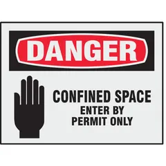 Adhesive-mounted danger signs for confined space entry by permit only. Each pack contains 8 signs with non-retroreflective, non-glow-in-the-dark adhesive mounting for direct application to surfaces. Suitable for marking confined space entry points requiring permit authorization.