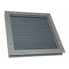 Steel door louver with gray primer finish. Rough opening measures 4-1/2 inches high by 10-1/2 inches wide. Provides passive ventilation through doors in commercial or industrial buildings, allowing airflow while blocking light and debris.