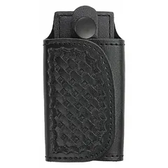 Leather key pouch with basket weave pattern. Measures 4 1/2 in x 65 mm. Secures with hook-and-loop closure. Organizes and protects keys in pocket or bag.