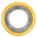 This spiral-wound gasket is designed for 1 1/4 in pipe flanges, featuring a graphite filler and 316L stainless steel winding. Its buckle-resistant construction provides a reliable seal in high-temperature and high-pressure industrial piping systems, such as those found in steam, oil, gas, and chemical processing applications.