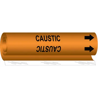 BRADY Pipe Marker: Caustic Soda, Orange, Black, Fits 1 1/2 to 2 3/8 in Pipe O.D. - Caustic Soda Wrap-Around Pipe Markers