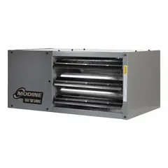 This MODINE standard-profile suspended gas unit heater is designed for wall or ceiling mounting in commercial and industrial spaces such as warehouses and workshops. It delivers 30,000 BtuH heating capacity using natural gas, with a propeller fan and power-vented combustion. The unit has a 1/2 in gas connection and overall dimensions of 12.2 in x 26.8 in x 22 in.