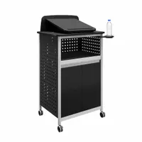 This mobile lectern combines a steel base with a wood laminate top in a black/silver finish. It is suited for presentations, speeches, and training sessions in corporate, educational, and event settings where repositioning is required