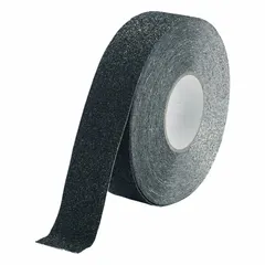 Solid black antislip tape in roll form with extra-coarse 36-grit abrasive surface. Designed for outdoor medium-traffic applications such as vehicle treads, steps, and ramps. Features permanent solvent acrylic adhesive and meets R13 slip-resistance standards.