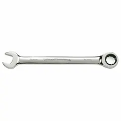 This SAE 12-point ratcheting combination wrench features a 1-7/8 in head size and is constructed from alloy steel with a full polish chrome finish. The ratcheting box end allows for faster fastener turning without repositioning, while the open end provides standard wrench functionality. Suitable for tightening or loosening fasteners in automotive repair, industrial maintenance, and mechanical assembly.
