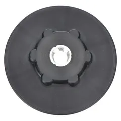 This black fiber disc pad hub has a diameter of 2 1/2 inches and a height of 5 1/2 inches. It is used to mount fiber discs on angle grinders for surface preparation and finishing tasks.
