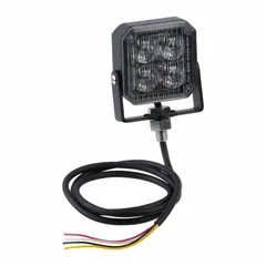 Amber LED strobe light with square housing and stud mount. Operates on 12 to 24V DC and provides 19 selectable flash patterns. SAE Class 1 rated for high-visibility warning applications on vehicles. Features blunt cut wires for electrical connection. Overall dimensions: 3 1/2 in height by 1 1/8 in width.