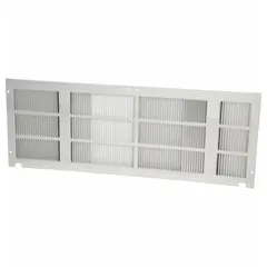 Aluminum grille designed to cover and protect the outdoor opening of a PTAC unit. Provides ventilation while shielding the unit from debris and weather. Includes mounting screws for installation. Suitable for through-wall HVAC systems in commercial buildings.