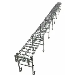 Plastic flexible-frame skate wheel conveyor with 18 in overall width and 18 in between-frame width. Features 5.2 in axle spacing, 22-1/8 in overall length, and adjustable height. Supports up to 300 lb/ft load capacity. Suitable for moving boxes, totes, and packaged goods along curved or straight paths in material handling operations.