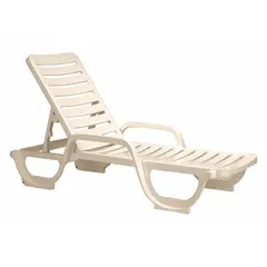 Set of two resin lounge chairs in a sand finish. Each chair has a 12-inch seat height, 12-inch overall height, and 27-inch width. Suitable for outdoor seating areas such as patios, poolside, or gardens.